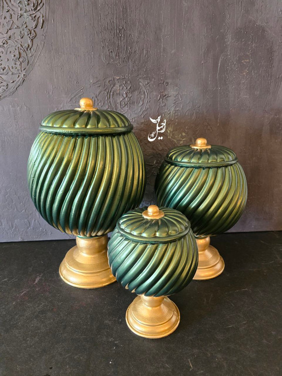 ست بانکه دکوری سهتایی سبز طلایی مدل کلاسیک مناسب گل طبیعی و مصنوعی